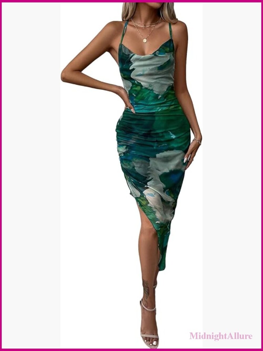 Mesh Ruched Bodycon Midi Dress Tie Dye Asymmetrical Party Wedding Guest